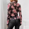A new elegant rose floral print small stand-up collar mesh figure-hugging top for women from Europe and America cross-border in autumn and winter 2025 details Picture